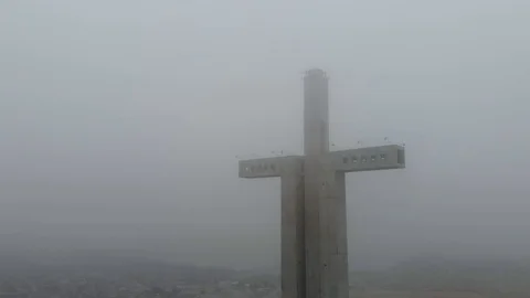 Third Millennium Cross monument, Hill El Vigia (Coquimbo, Chile) aerial view Stock Footage 120349743