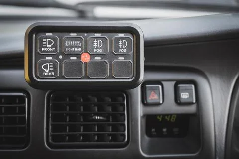 Third-party control panel in the car interior to control external mounted Stock Photos