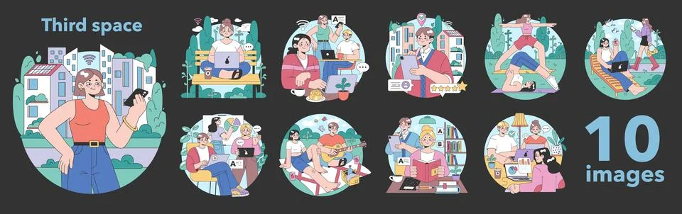 Third place idea set. Social surroundings, separate from home and workplace. Ilustración de archivo