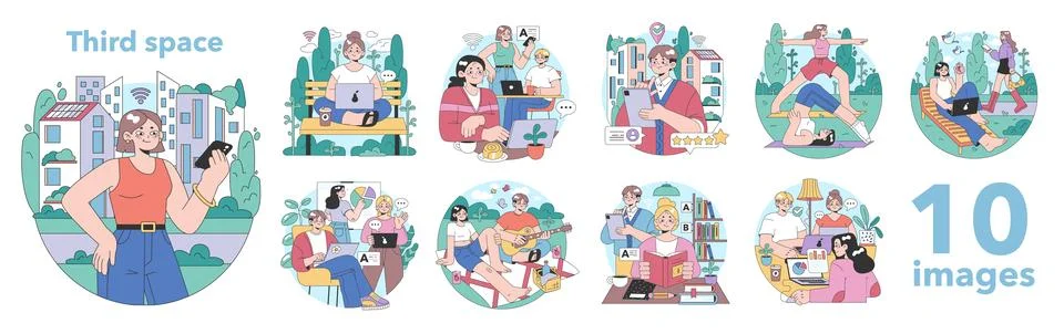Third place idea set. Social surroundings, separate from home and workplace. Ilustración de archivo