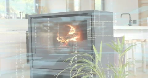 At third second binary streams drifting down intensifying over stove, fading to Stock Footage 318550834