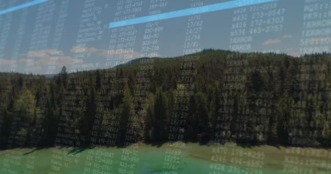 At third second digital overlay fading in over forest canopy and lake while Stock-Footage 311585418