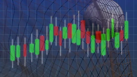 Third-second wireframe soccer ball entering grid, bulging net over bar chart Video stock 316338961