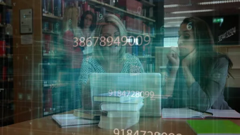 Third student walking through library sparking data grid while students Stock Footage 312361411