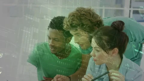 Third teammate moving in, three teammates leaning and pointing at green map for Stock Footage 331571054