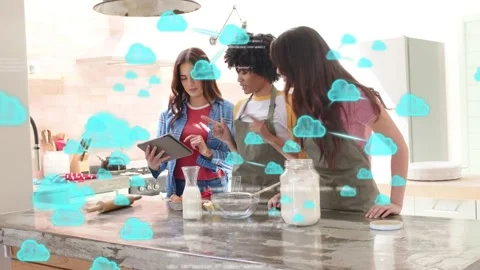 Third woman tapping shoulder, causing cloud overlay while three women consulting Stock Footage 333132882