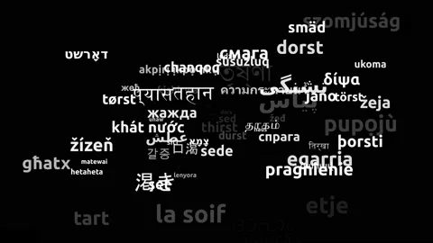 Thirst Translated in 72 Worldwide Languages Endless Looping 3d Zooming Wordcl Video stock 145208064