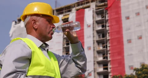 Thirsted Engineer Drinking Water in Front of Construction Site New Building Stock-Footage 66895173