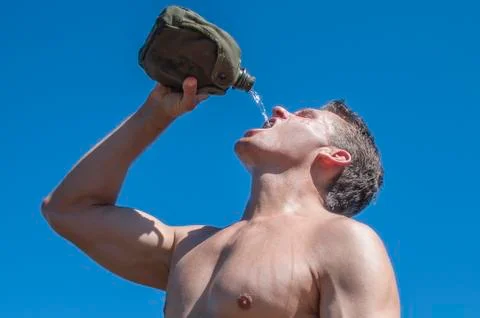Thirsty hiker 스톡 사진