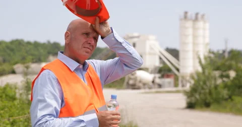 Thirsty Worker Man Drinking Water Engineer Consume Liquid Fluid Hot Torrid Day Stock Footage 54656736