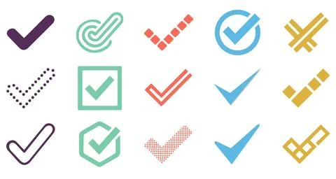 Thirteen different checkmark icons for interface design Illustrazione stock