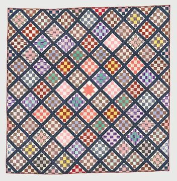 Thirteen-patch block quilt with Japanesque backing fabric Unknown ca. 1886 .. Stock Photos
