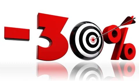 Thirty per cent 30% red discount symbol with conceptual target Stock Illustration