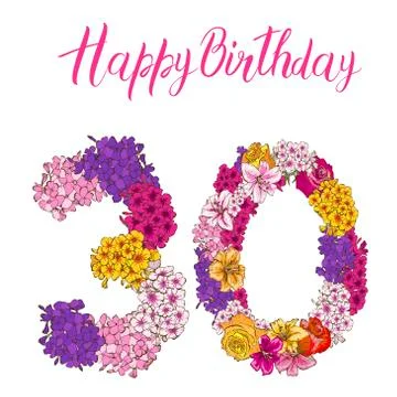 Thirty digit made of different flowers isolated on white background. Happy bi Stock Illustration