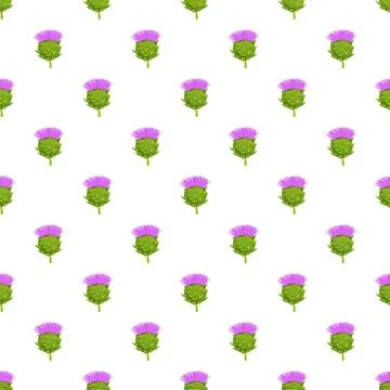 Thistle blooming repeating pattern on white background Stock Illustration