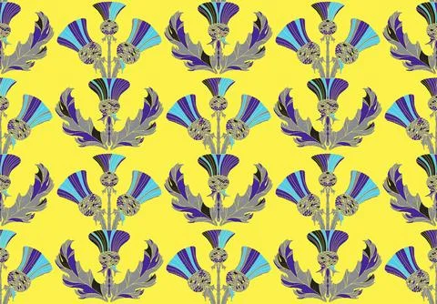 Thistle. Seamless floral pattern with stylized decorative flowers and leaves  Stock Illustration