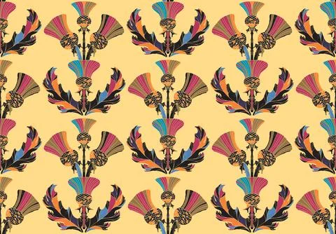 Thistle. Seamless floral pattern with stylized decorative flowers and leaves  Stock Illustration