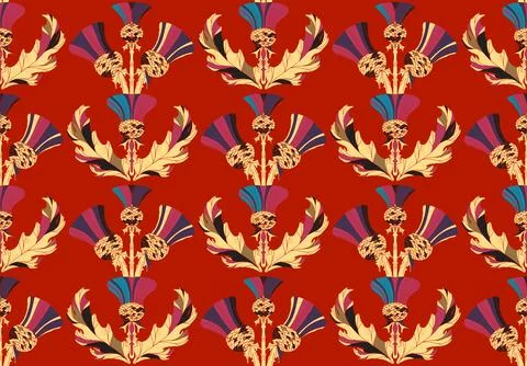 Thistle. Seamless floral pattern with stylized decorative flowers and leaves  Stock Illustration