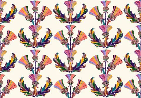 Thistle. Seamless floral pattern with stylized decorative flowers and leaves  Stock Illustration
