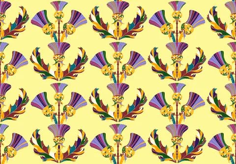Thistle. Seamless floral pattern with stylized decorative flowers and leaves  Stock Illustration