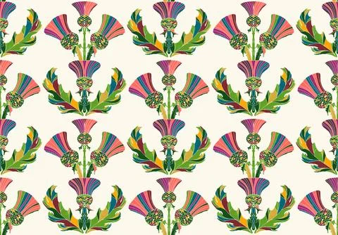 Thistle. Seamless floral pattern with stylized decorative flowers and leaves  Stock Illustration
