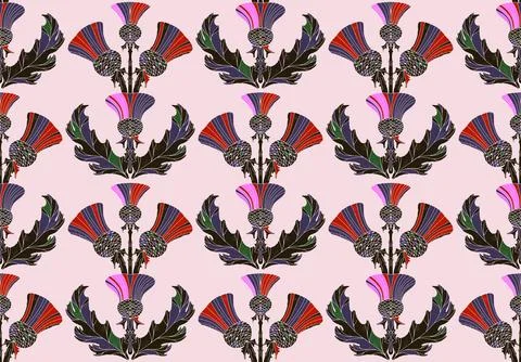 Thistle. Seamless floral pattern with stylized decorative flowers and leaves  Stock Illustration