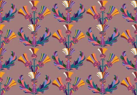 Thistle. Seamless floral pattern with stylized decorative flowers and leaves  Stock Illustration