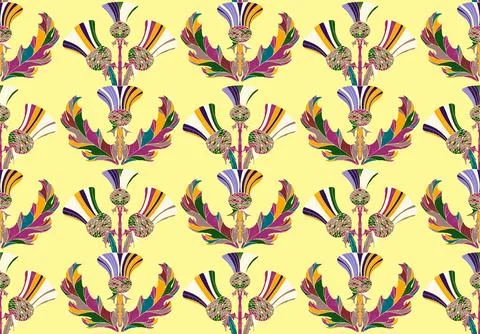 Thistle. Seamless floral pattern with stylized decorative flowers and leaves  Stock Illustration