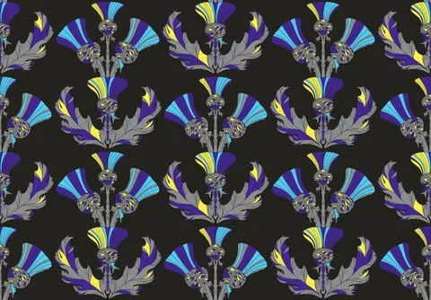 Thistle. Seamless floral pattern with stylized decorative flowers and leaves  Stock Illustration