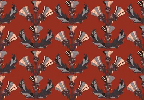 Thistle. Seamless floral pattern with stylized decorative flowers and leaves  Stock Illustration
