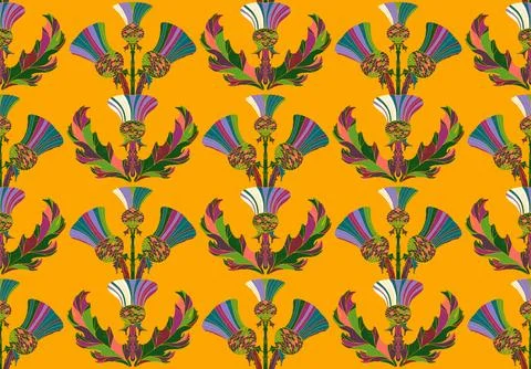 Thistle. Seamless floral pattern with stylized decorative flowers and leaves  Stock Illustration