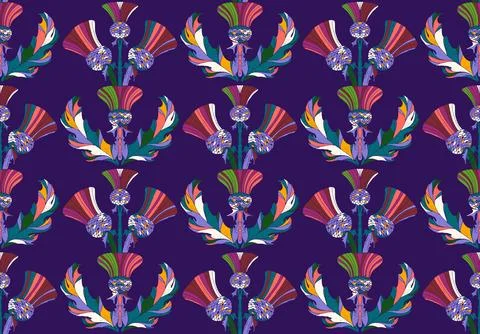 Thistle. Seamless floral pattern with stylized decorative flowers and leaves  Stock-Illustration