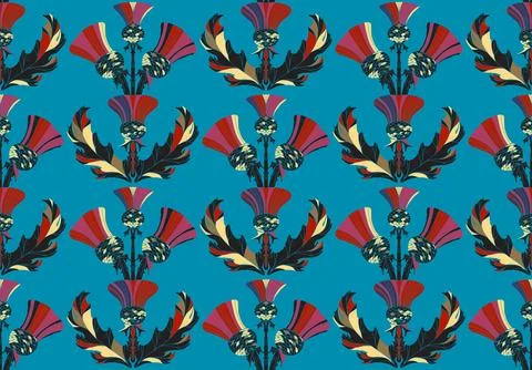 Thistle. Seamless floral pattern with stylized decorative flowers and leaves  Stock Illustration