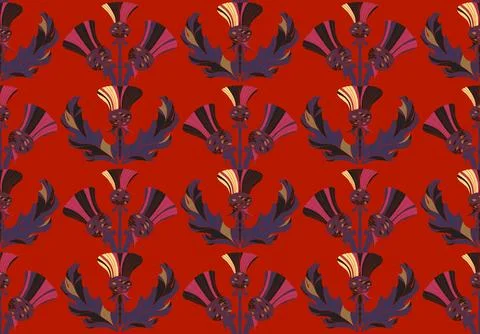 Thistle. Seamless floral pattern with stylized decorative flowers and leaves  Stock Illustration