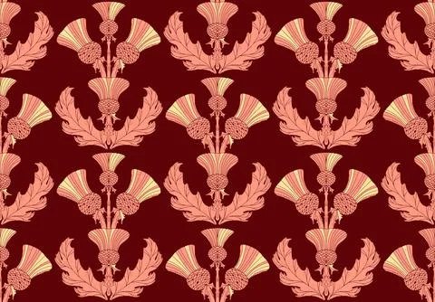 Thistle. Seamless floral pattern with stylized decorative flowers and leaves  Stock Illustration
