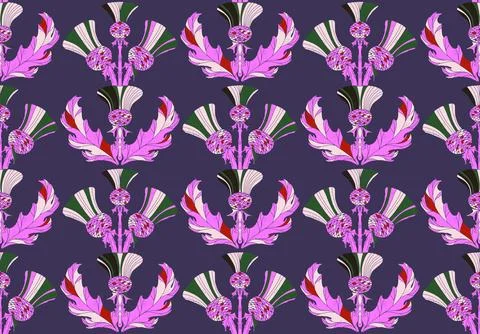 Thistle. Seamless floral pattern with stylized decorative flowers and leaves  Stock Illustration