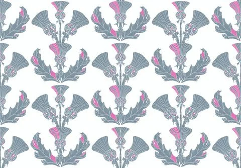 Thistle. Seamless floral pattern with stylized decorative flowers and leaves  Stock Illustration