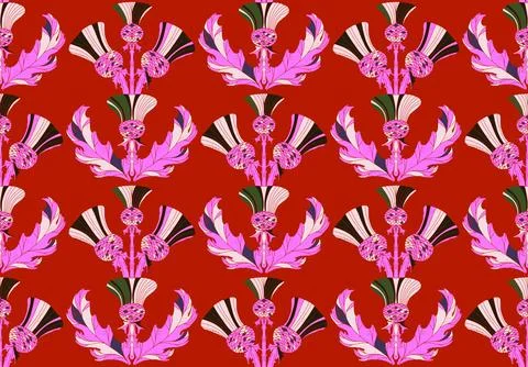 Thistle. Seamless floral pattern with stylized decorative flowers and leaves  库存插图
