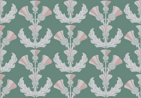 Thistle. Seamless floral pattern with stylized decorative flowers and leaves  Stock Illustration