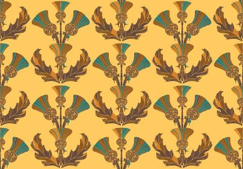 Thistle. Seamless floral pattern with stylized decorative flowers and leaves  Stock Illustration