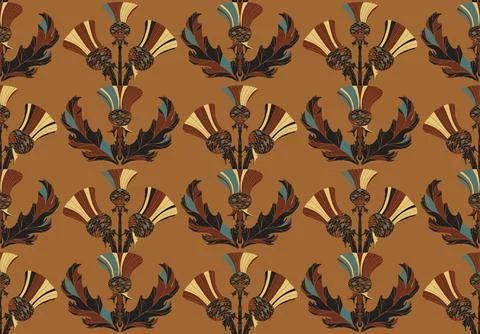 Thistle. Seamless floral pattern with stylized decorative flowers and leaves  Stock Illustration