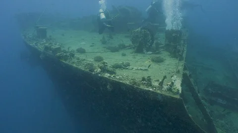 Thistlegorm Ship Wreck Divers Filming Underwater Red Sea Egypt Stock Footage 102890655