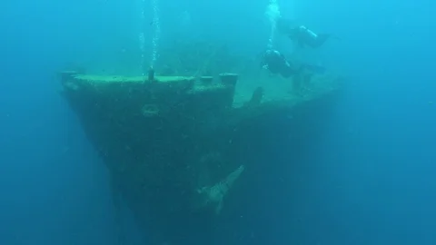 Thistlegorm Ship Wreck Divers Filming Underwater Red Sea Egypt Stock Footage 102890802
