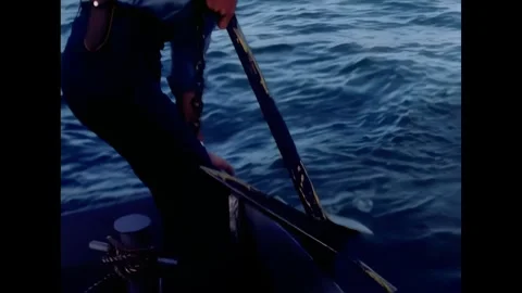 AN THOI - 1966 - A man pulls up an anchor by hand, and two men tie two swift Stock Footage 341862685