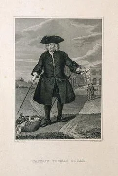 Thomas Coram, in the foreground an infant in a basket, in the background th.. Stock Illustration