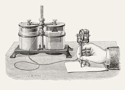 Thomas Edison's electric pen with its wet cell battery.  The pen was designed to Stock Illustration