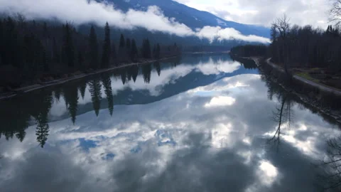 Thompson River in cloudy winter blue light and fog, 4k Stock Footage 255811524