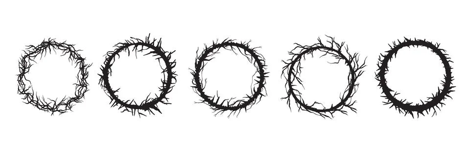 Thorn round frame set, vector gothic tattoo circle border, catholic wreath Stock Illustration