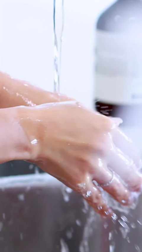 Thorough Hand Washing Under Running Water in Modern Bathroom 库存影片 313460204