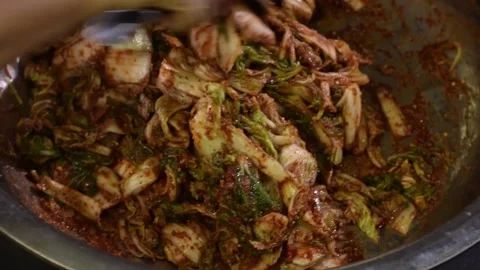 Thorough stir mixing of chili paste in napa cabbage on mixing basin in making Stock Footage 172427988